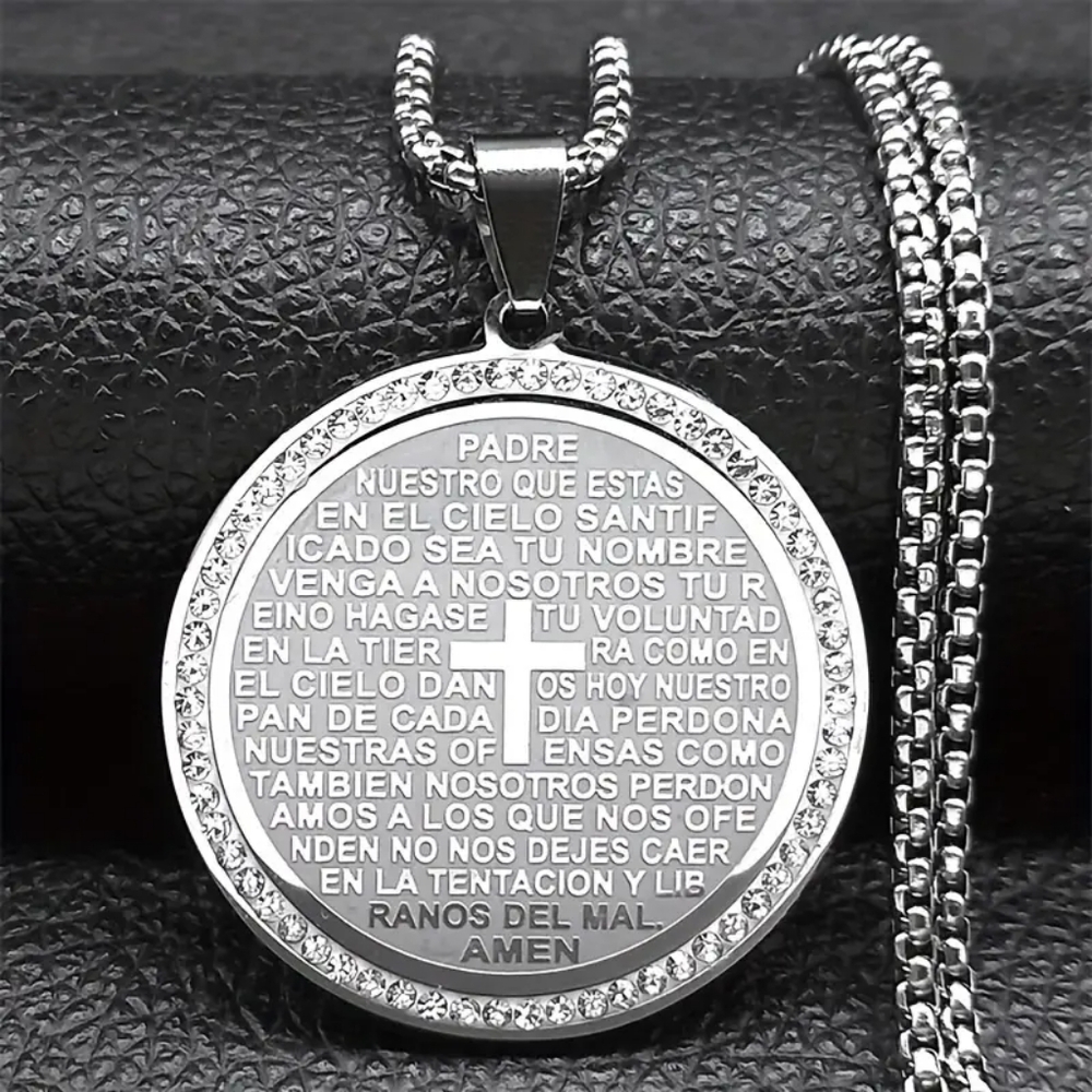 14K WG Plated Stainless Steel Spanish Lord's  Prayer Medallion and 24* Box Chain
